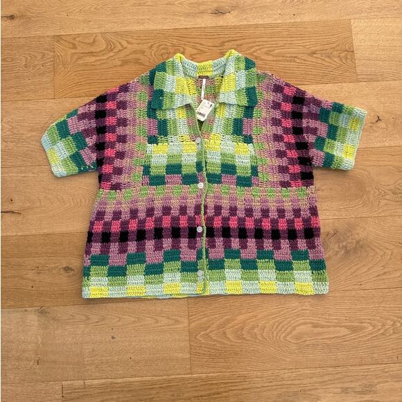 Free People - Seychelles Crochet Button Front Short Sleeve Top Green Pink Purple - Picture 1 of 4